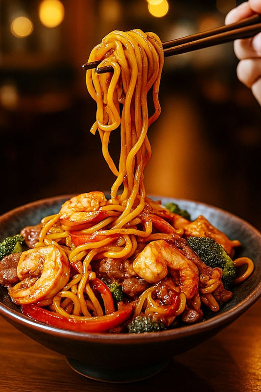 Sizzling Seafood Pan-Fried Noodles by Turbo E Outdoor Electric Grill